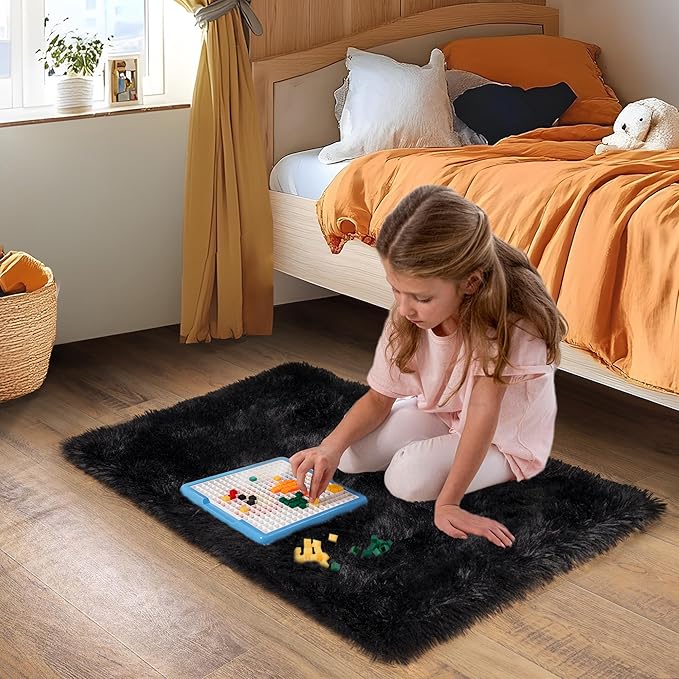 Small Black Area Rug, 2x3 Rug for Bedroom Shaggy Throw Rugs for Dorm Rug, Soft Shag Carpet for Kids Room, Plush Comfy Fluffy Bedside Rug for Home Decor Aesthetic