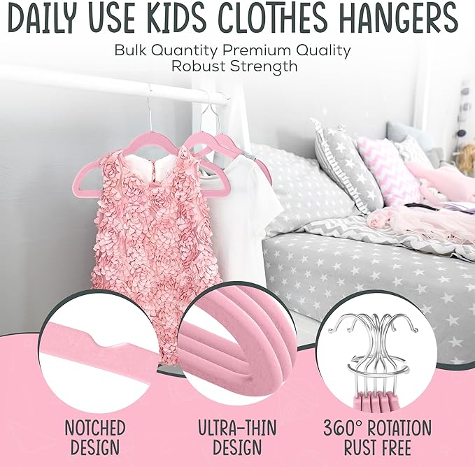 50 Premium Kids Velvet Hangers - 14" Non-Slip Clothes Hangers for Kids & Preteens - Ultra Slim, Space-Saving, Strong & Durable Hangers with 360° Swivel Hook - Pink