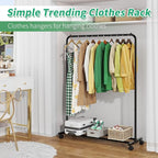 Simple Trending Standard Clothes Clothing Garment Rack with Storage Shelves, Rolling Clothes Organizer on Wheels for Hanging Clothes, Black