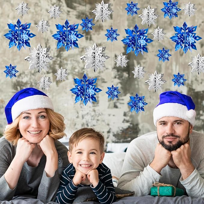 OuMuaMua Winter Christmas Snowflake Decorations Indoor, 36PCS 3D Silver Blue Snowflakes Christmas Hanging Ornaments for Home Xmas Holiday Winter Wonderland New Year Party Decor Supplies