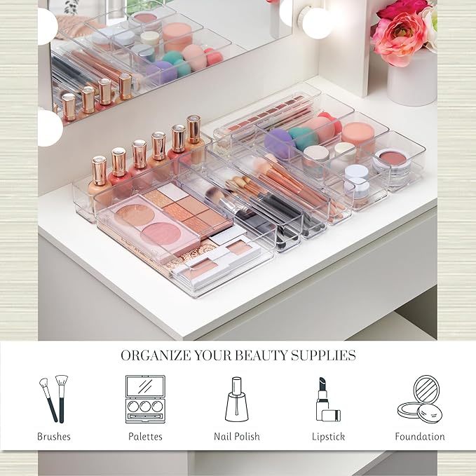 STORi SimpleSort 10-Piece Stackable Clear Drawer Organizer Set | Multi-size Trays | Makeup Vanity Storage Bins and Office Desk Drawer Dividers | Made in USA