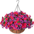 Artificial Fake Hanging Flowers with Basket, Faux Silk Morning Glory Flower Arrangement for Spring Summer Decor, Hanging Plant for Patio Garden Porch Outdoor Decor