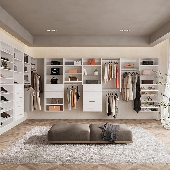 ROOMTEC Modular Closet System, 52" Wall-Mounted Closet Organizer with Hanging Rods, Wooden Tower for Walk-In Closets, Wardrobe Storage Kit, White