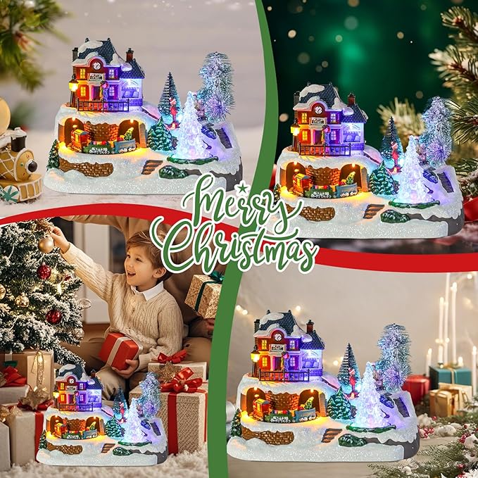 WONDER GARDEN Christmas Village Houses-Christmas Houses Village - Lighted Musical Railway Station Moving Train Town Sets with Revolving Acrylic Trees Animated Figurines for Indoor Decor or Gift