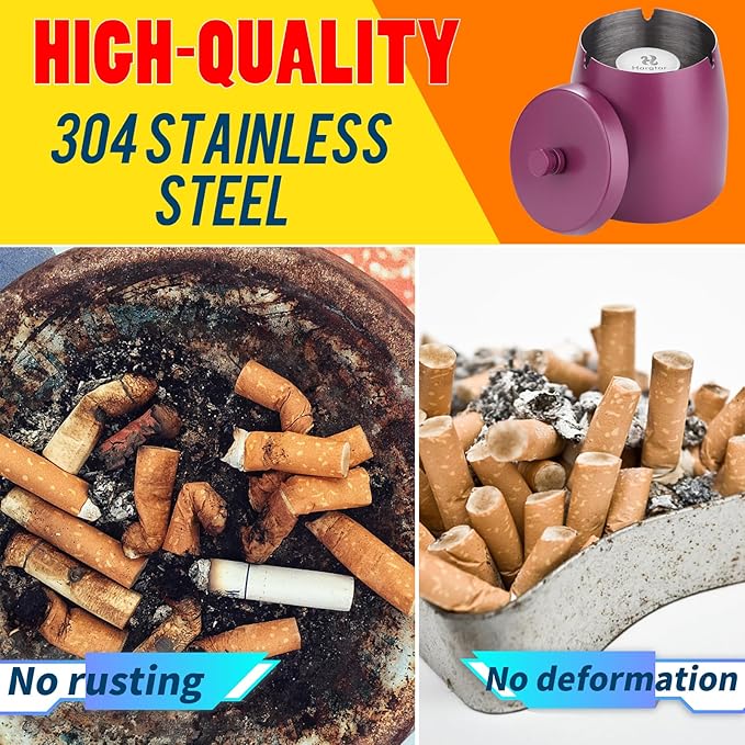 Smokeless Ashtrays For Cigarettes Indoor, Ash Tray Sets for Cigarettes Outdoor Ashtrays for Patio (Purple, Small)