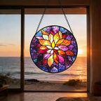 Stained Glass Window Hanging, Fuchsia Abstract Flowers Suncatcher for Window Home Decor Orange Sun Catcher Mother's Day Birthday Gifts for Women Men Mom Nana 15 in