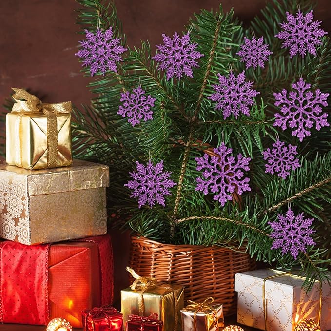 36pcs Christmas Light Purple Snowflake Ornaments，Plastic Light Purple Snow Flakes Hanging Ornaments for Christmas Tree Decor Winter Wonderland Frozen Birthday Party Holiday Home Decor Craft Snowflake