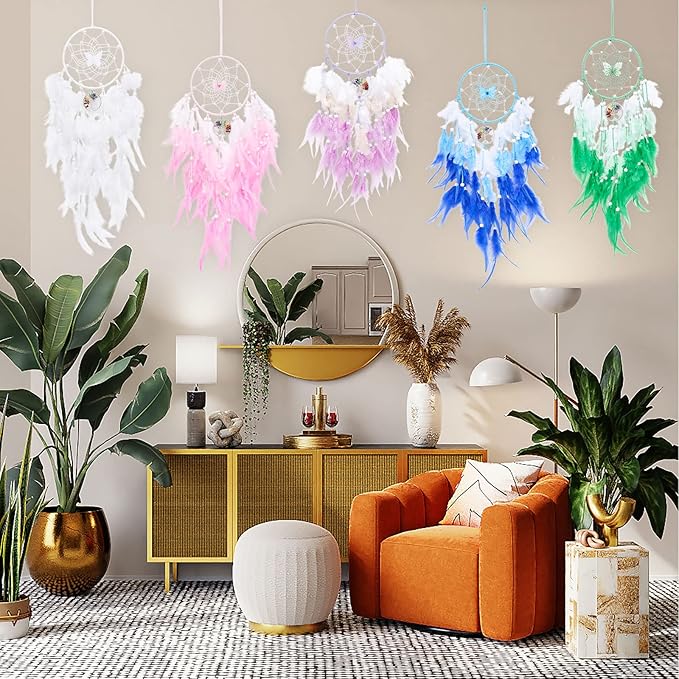 Dreamlike Butterfly Tree of Life Dream Catcher Wall Decor Purple Dream Catcher with Crystal Stone Handmade Feather Dreamcatchers Home Decor Wall Hanging for Girls Bedroom Wedding Craft Gift-29.5"