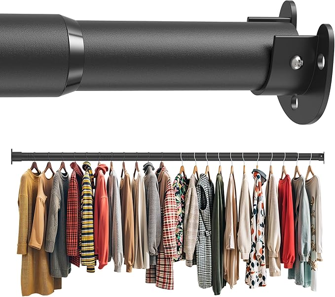 Closet Rod 30-63 Inches, Adjustable Heavy Duty Metal Black Closet Rods for Hanging Clothes 1.3 Inches Diameter for Wardrobes Laundry
