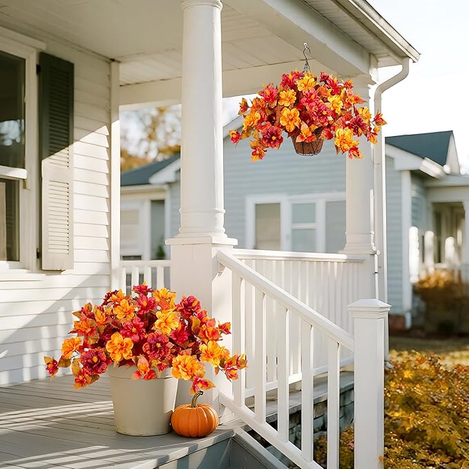 Artificial Fake Fall Hanging Flowers with Basket for Outdoors Decoration 3PCS Faux Fall Flowers for Outdoor Planters UV Resistant No Fade Silk Hibiscus for Home Porch Patio Garden Balcony Yard Decor