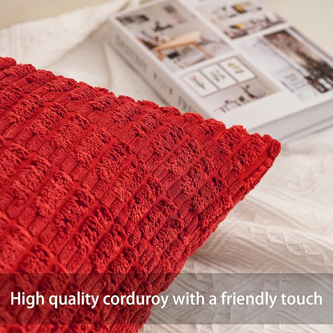Aegero Pack of 2 Christmas Red Corduroy Decorative Throw Pillow Covers 24x24 Inch Soft Striped Pillow Covers Modern Farmhouse Home Decor for Sofa Living Room Couch Bed（Red）