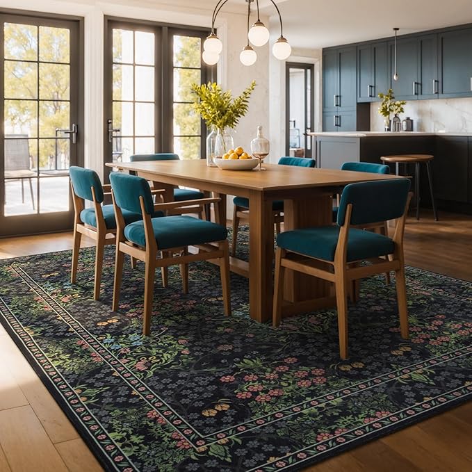 Lessymo Floral Black Green Washable Rugs 8x10, Living Room Area Rug Non Slip Boho Low Plie Large Carpet for Bedroom Dining Room Home Office, Vintage Flower Decor Distressed Retro Indoor