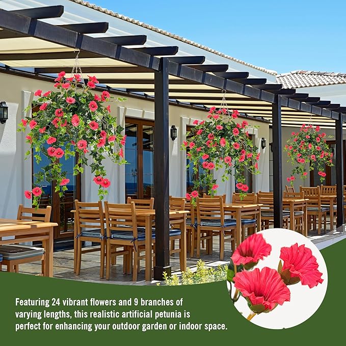 Artificial Flowers Faux Outdoor Plants Artificial Petunias For Outdoors Uv Resistant Fake Petunias Plants Hanging Flower Patio Decor Outside Basket Realistic Silk Plant No Pot(Rose Red 2pcs)