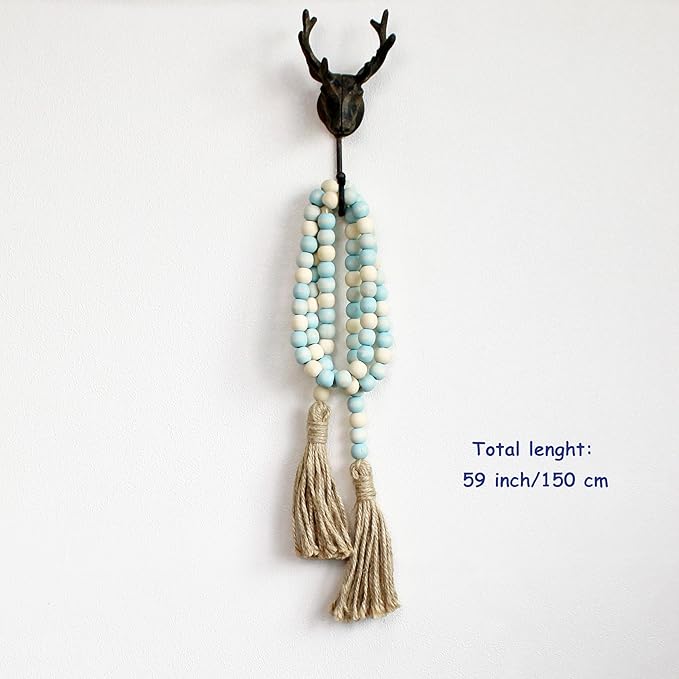 CVHOMEDECO. Wood Beads Garland with Tassels Farmhouse Rustic Wooden Prayer Bead String Wall Hanging Accent for Home Festival Decor. Teal Mix Distressed