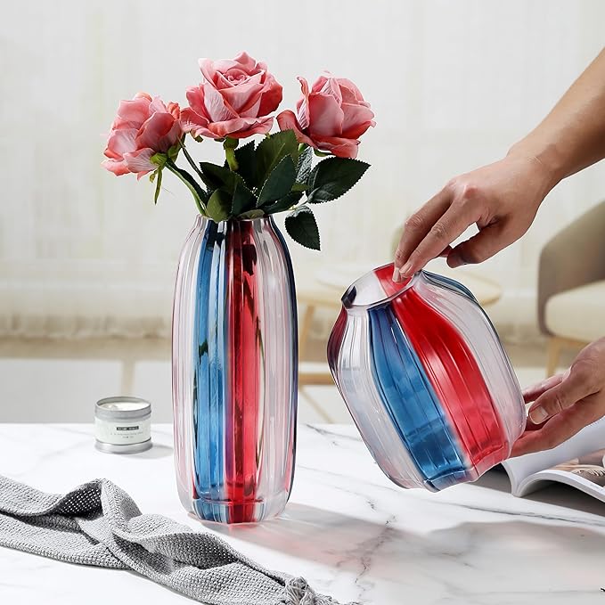 4th of July Decorations Christmas Glass Vase for Flowers Red White and Blue Modern Vase Bouquet 8.0" Patriotic Deco Fourth of July Decorations for Home Centerpieces,Holiday Party,Office