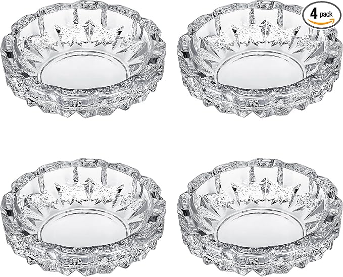 Timgle Glass Ashtray 4 Packs Round Crystal Ash Tray Clear Ashtrays for Home Portable Heavy Duty Decorative Office Patio Indoor Outdoor(Vintage)