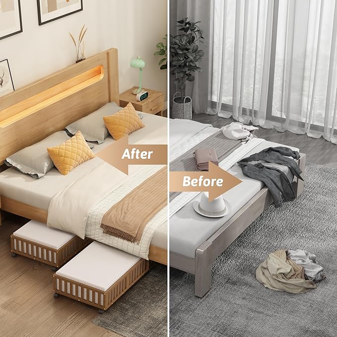 Under Bed Storage Containers with Wheels, 2 Pack Bamboo Under the Bed Shoe Storage Bins, Wood Rolling Underbed Drawers Organizer for Bedroom, Closet Clothes Blanket Comforter Under Crib Toy Walunt