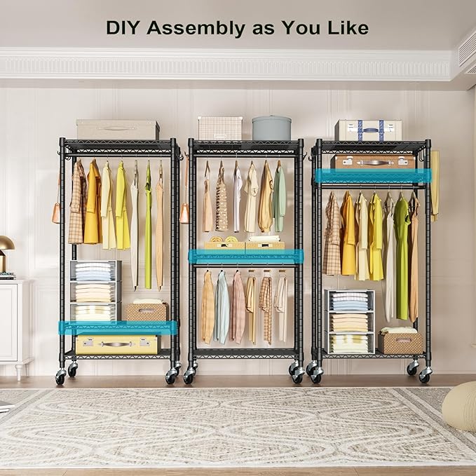 FUTASSI P3 Mini Rolling Clothes Rack, Clothing Racks for Hanging Clothes, Heavy Duty Garment Rack with Wheels, Freestanding Portable Closet Rack 23.6'' W x 14'' D x 78.5'' H, Max Load 430 Lbs, Black