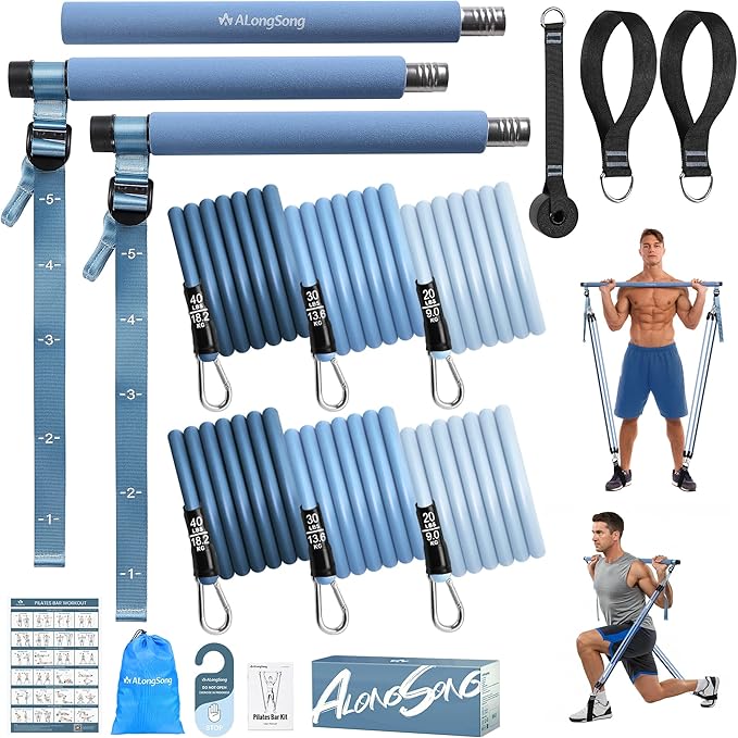 Upgraded Pilates Bar Kit with Resistance Bands Natural Latex for Women & Men, Heavy-Duty Stainless Steel Multifunctional Yoga Pilates Stick for Home Gym Exercise Fitness Equipment Full-Body Workouts