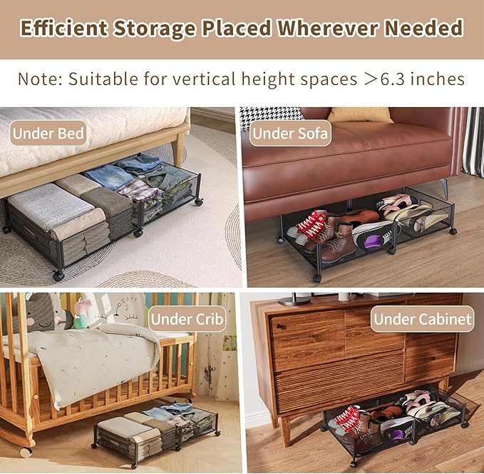 Under Bed Storage with Wheels, 31.5in / 35L Large Rolling Underbed Storage, Underbed Drawer on Wheels, Tool-free Assembly Metal Under Bed Drawers Organizer Container for Bedroom Shoes Clothes Toys