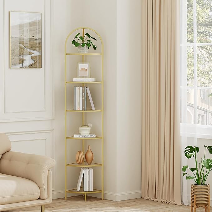 Homhedy 6-Tier Corner Shelf Stand, Metal Corner Bookshelf, Tempered Glass Shelves, Bathroom Storage Rack Shelf, Plant Stand, Modern Style, Golden
