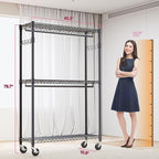 Heavy Duty Rolling Garment Rack 3 Tiers Adjustable Wire Shelving Clothes Rack with 2 Rods and Side Hooks,Storage Closet Clothing Rack with Wheels Black 15.7" D x 45.3" W x 79.6" H