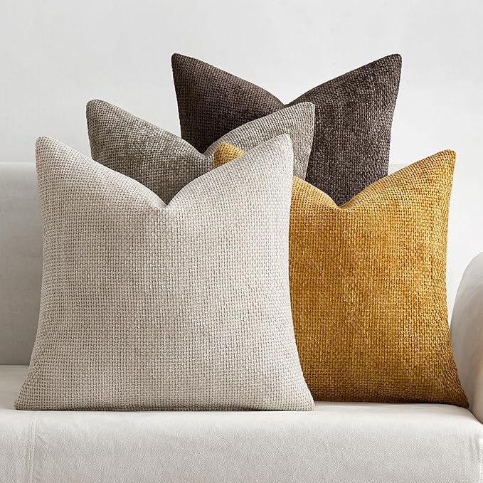 MIULEE Pack of 4 Couch Throw Pillow Covers 18x18 Inch Neutral Gold/Brown Soft Decorative Chenille Pillow Covers Farmhouse Accent Cushion Covers for Boho Home Decor Sofa Bedroom Living Room