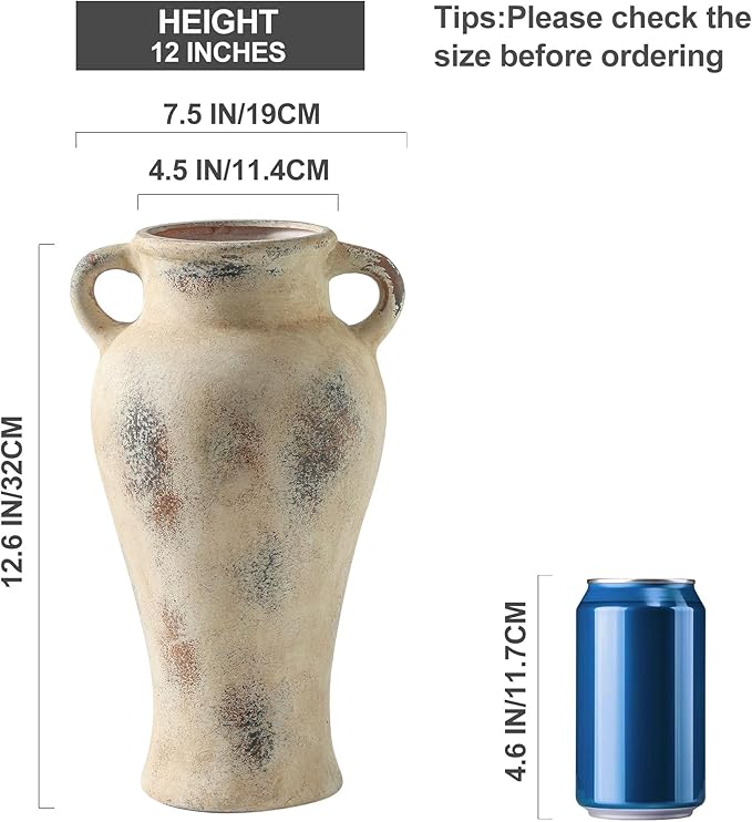 Rustic Ceramic Vase with Handle, 12.6 inch Large Handcrafted Farmhouse Decorative Pottery Vase for Table Centerpiece, Wedding Decor, or Entryway Arrangement