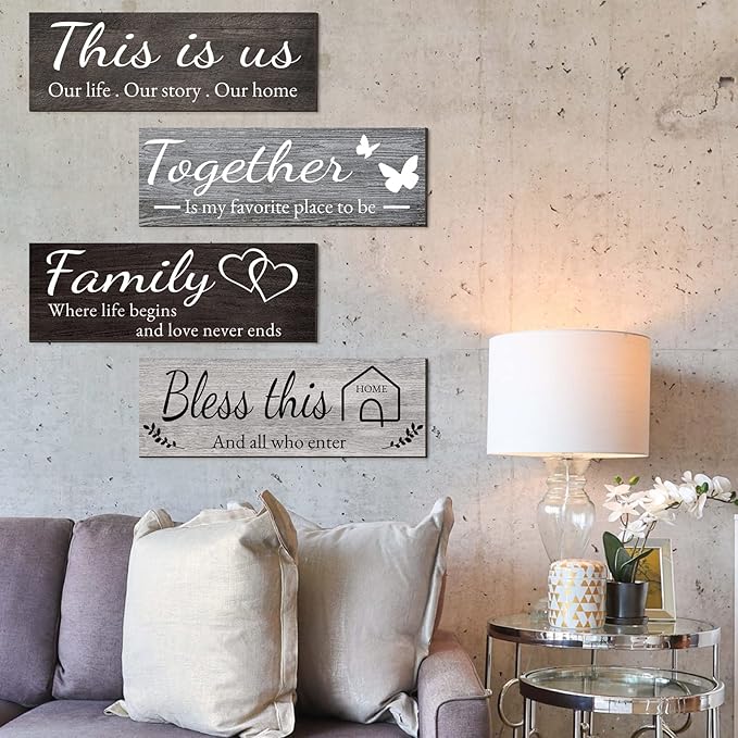 Joyhawk 4 Pieces Home Wall Decor Signs, THIS IS US/TOGETHER/BLESS THIS HOME/FAMILY Wall Decor For Living Room Bedroom, Rustic Wooden Farmhouse Wall Art Decor, 4.7 x 13.8 Inch(Mixed Color)