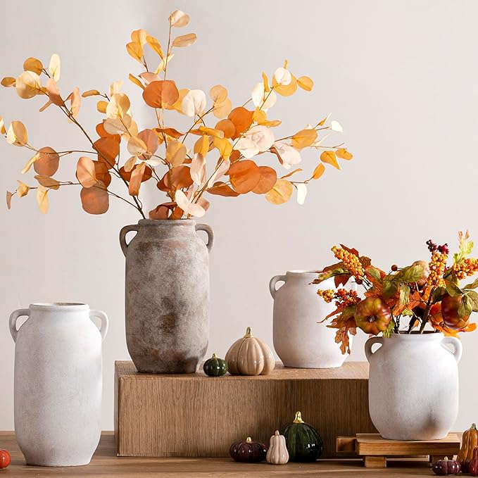 Large Flower Vase Home Decor - 12 inch Tall Ceramic Farmhouse Rustic Table Vases with Handle Living Room Decoration Decorative Modern Vintage for Floor Kitchen Shelf Coffee Dining Desk Fireplace