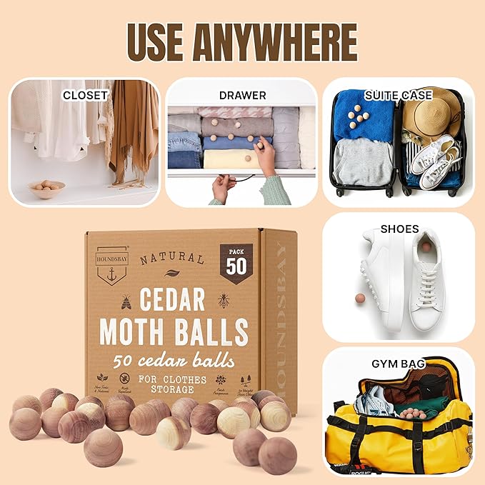 50 Cedar Balls for Clothes - Fresh Smell for Closets and Drawers - Protection for Garments - Cedarwood Closet Freshener & Protects from Moths - Wood Block for Drawer & Storage