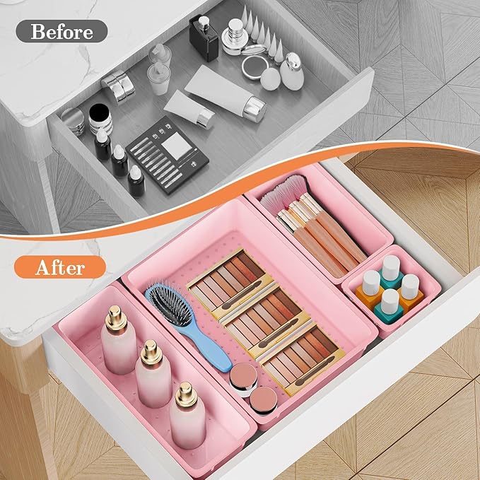 25 PCS Plastic Drawer Organizer Set, 4-Size Versatile Organizer Trays & storage Bins for Makeup, Jewelry, and Gadgets in Bathroom, Bedroom and Office, Pink