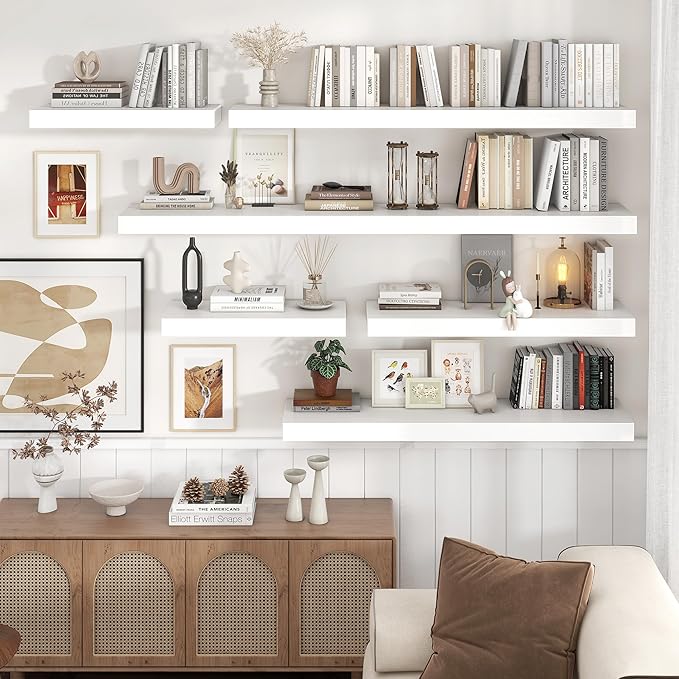 Venusmiles Floating Shelves for Wall, 36 Inch Wide x 12 Inch Deep Floating Shelves, Long Wood Floating Wall Shelf Shelves for Living Room Bathroom Bedroom Kitchen Home - (White, 36" W x 12" D x 2" H)