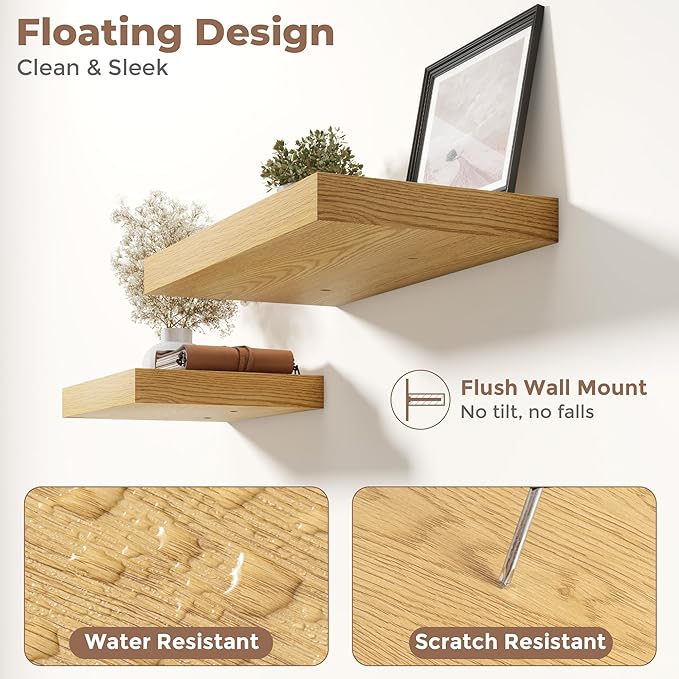 72 Inch Long Floating Shelves for Wall Set of 2, 12"D Wood Grain Bathroom Shelves with Invisible Brackets, Easy Install Engineered Wood Storage Shelves for Kitchen, Living Room, Bedroom, Oak Finish