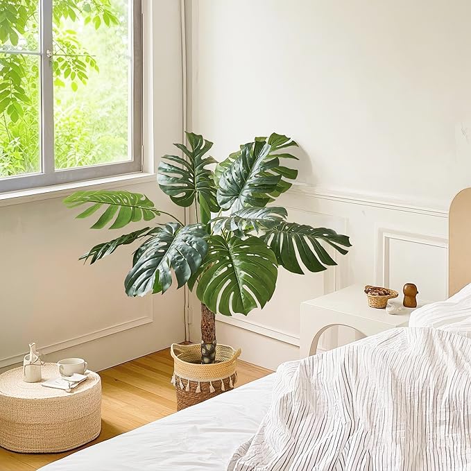 VECELO 4FT Artificial Monstera Plant Tall, 48'' Faux Swiss Cheese Plants Large with Fake Bark, Dried Moss and Pot, Houseplant for Indoor Outdoor Living Room Home Decor