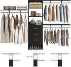 Armocity 120 Inches Closet System, 10FT Walk In Closet Organizer with 3 Shelving Towers, Heavy Duty Clothes Rack with 3 Drawers, Built-In Garment Rack, 120" L x 16" W x 75" H, Max Load 1300 LBS, Black