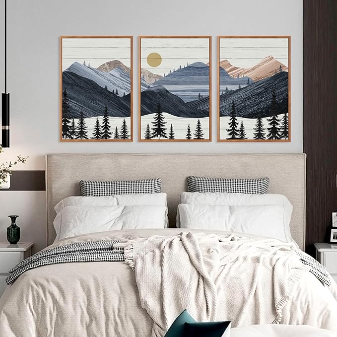 KAIRNE Mountain Canvas Wall Art,Abstract Landscape Wall Decor Set of 3(16”X24”),Sunrise Pine Forest Nature Prints,Wilderness Scenery Pictures for Living Room Bedroom Farmhouse Office Decor,Framed