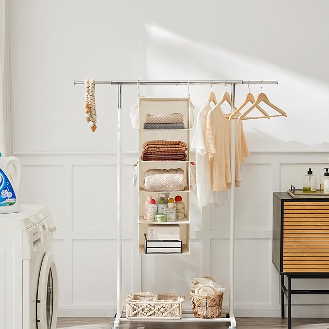 MAX Houser 5 Shelf Hanging Closet Organizer, Space Saver, Cloth Hanging Shelves with 4 Side Pockets, Foldable, Beige