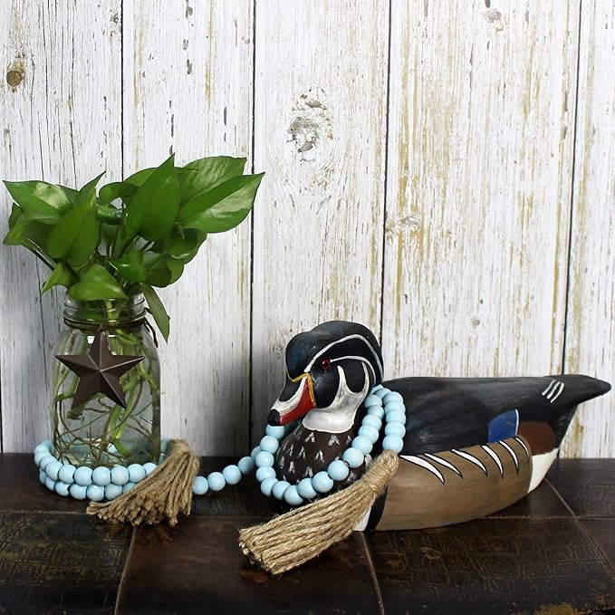 CVHOMEDECO. Wood Beads Garland with Tassels Farmhouse Rustic Wooden Prayer Bead String Wall Hanging Accent for Home Festival Decor. Teal Distressed