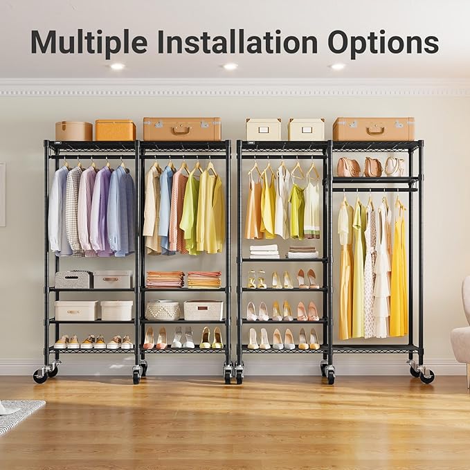 VIPEK R4C Portable Closet Rolling Clothes Rack Heavy Duty Adjustable Wardrobe Metal Garment Racks with Lockable Wheels Black Clothing Rack with Black Upgraded Polyester Cover, Max Load 620lbs