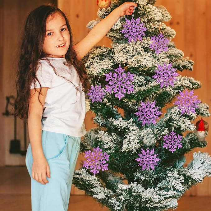 36pcs Christmas Light Purple Snowflake Ornaments，Plastic Light Purple Snow Flakes Hanging Ornaments for Christmas Tree Decor Winter Wonderland Frozen Birthday Party Holiday Home Decor Craft Snowflake