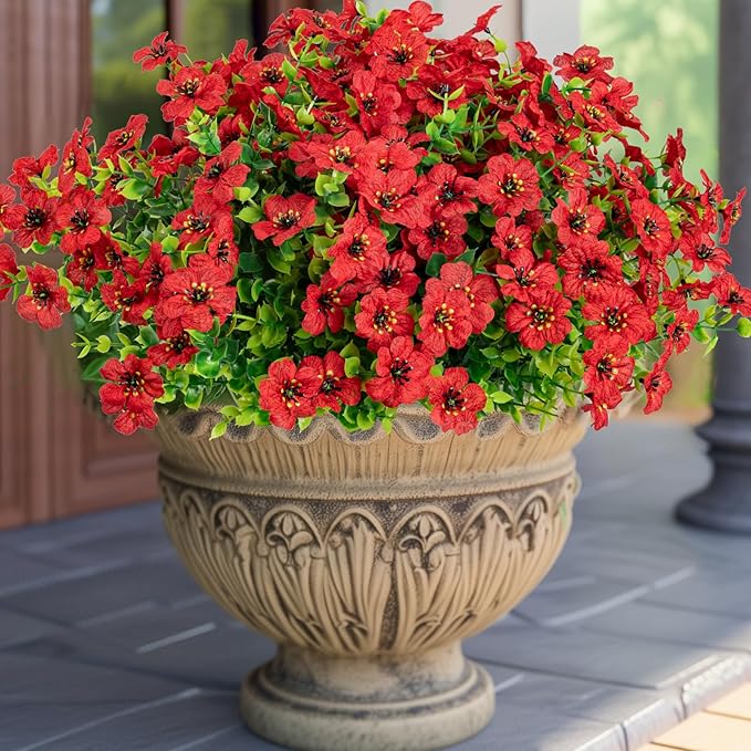 10 Bundles Artificial Faux Flowers for Outdoor,10Pcs Fake Flowers for Home Decor,Plastic Flowers Shrubs Lifelike Artificial Greenery Home Porch Stems Outside Decor(Red)