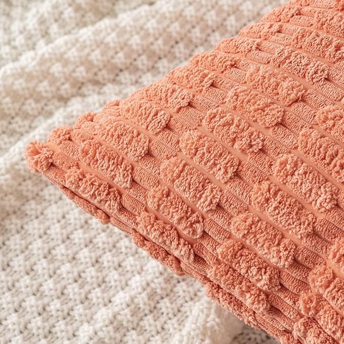 MIULEE Pack of 2 Corduroy Decorative Euro Sham Throw Pillow Covers 22x22 Inch Soft Boho Striped Pillow Covers Modern Farmhouse Home Decor for Summer Sofa Living Room Couch Bed Coral