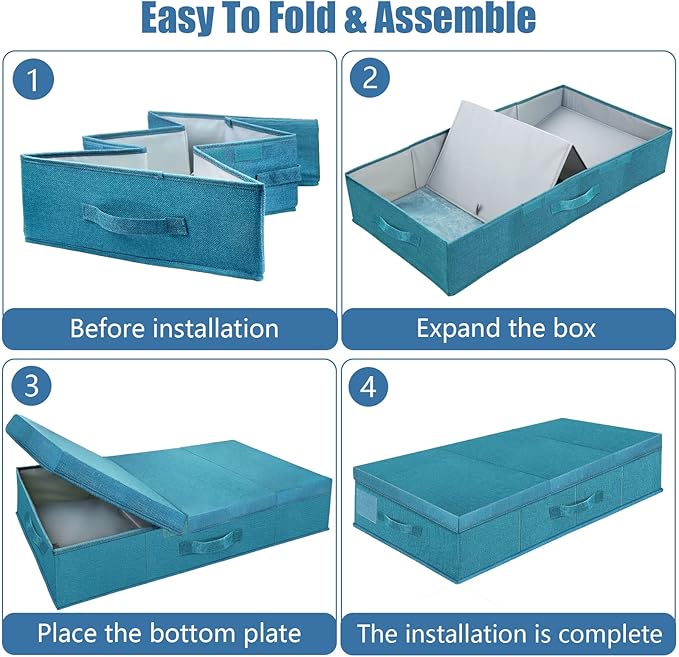 Underbed Storage Containers Bin with Lids (2pcs) Large Under Bed Storage Organizer Box with Handle, Foldable Under the Storage Bags for Organizing Clothes, Shoes, Blankets, Pillows-Cyan blue