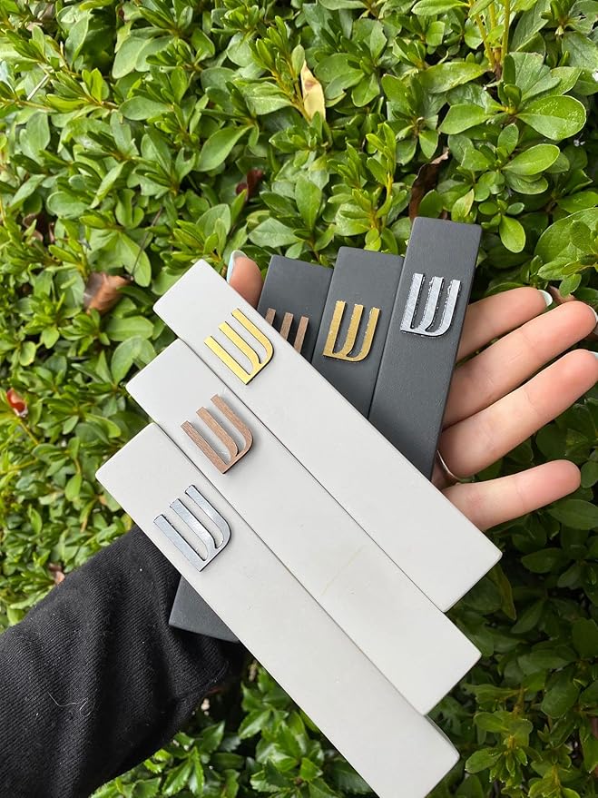 A&S Mezuzot Modern Concrete Mezuzah Case with Scroll, Easy Peel and Stick Mezuza (Grey+ Gold Shin, 6 Inches)
