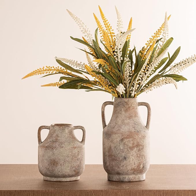 Mitt&Ditt Ceramic Flower Vase with Handles, 8 inch Tall Off-White Vase, Decorative Terracotta Vases, Farmhouse Rustic Pottery Vases for Home Decor, Living Room, Table