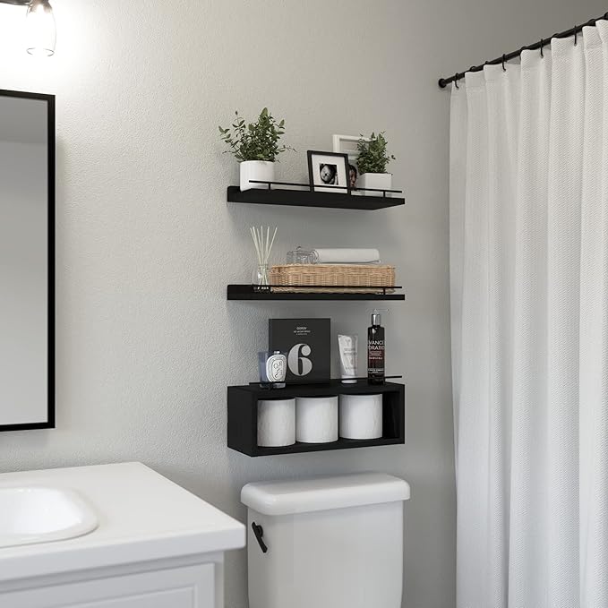 WOPITUES Floating Shelves for Wall with Cube Shelf, Wall Shelves with Metal Rail for Bathroom Decor, Bathroom Organizers and Storage, Over Toilet Shelves for Toilet Paper-Black