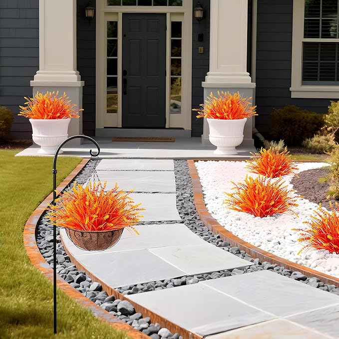 Artificial Fake Plants Flowers for Outdoors Fall Decor, 12 Bundles Fall Leaves Faux Lavender Flowers for Autumn Decoration, Fake Shrubs UV Resistant Planter No Fade for Garden Porch Balcony(Orange)