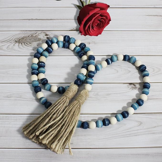 CVHOMEDECO. Wood Beads Garland with Tassels Farmhouse Rustic Wooden Prayer Bead String Wall Hanging Accent for Home Festival Decor. Blue Mix Distressed