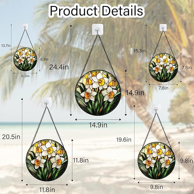 Stained Glass Window Hanging, Yellow and White Daffodils Sun Catcher for Door Home Decor Plants Flowers Suncatcher Christmas Mother's Day Birthday Gifts for Women Men Mom Nana 15 in